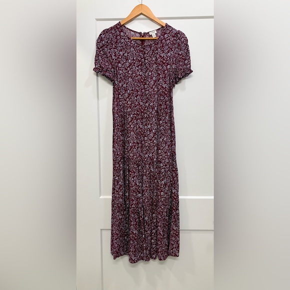 J. Crew Burgundy Floral Tiered Midi Dress Puff Sleeves Pockets Size Small - Picture 2 of 11